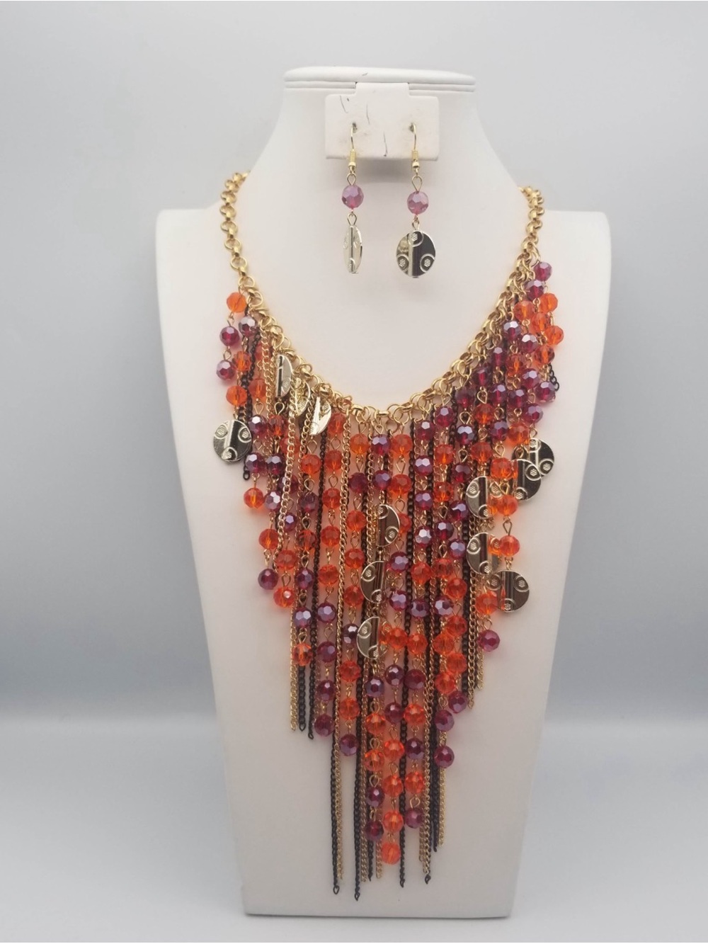 Gold Chain Fringe Necklace and Earring Set - Orange & Purple Beaded